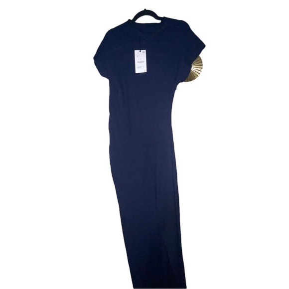 ZARA Navy Blue, V-neck design, Zipper closure & Split, Long Dress, NWT